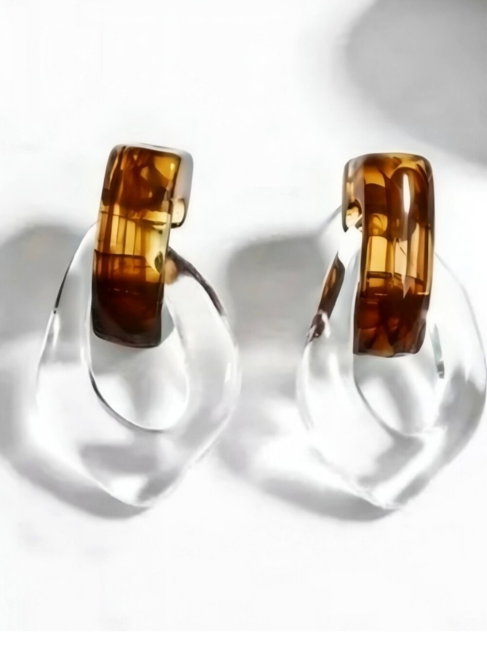 ▪️Amber Tortoise Clear Acrylic Chunky Drop Hoop Earrings 2 Tone Statement; NWOT